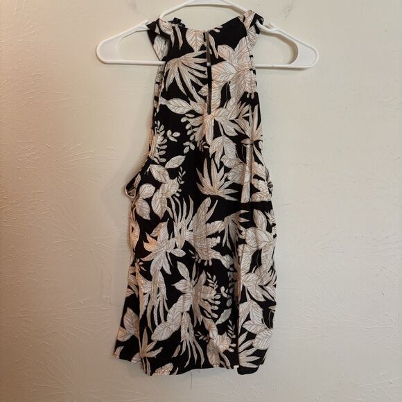 Nicole Miller NY Women's Large Sleeveless Linen Top Tank Beige Black High Neck - Picture 2 of 5